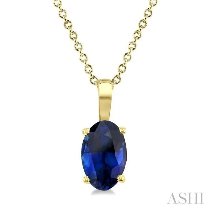 6X4 MM Oval Shape Sapphire Precious Solitaire Pendant With Chain in 14K Yellow Gold