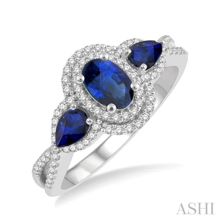 6x4MM Oval Cut and 5×3 MM Pear Cut Sapphire and 1/4 Ctw Round Cut Diamond 3-Stone Precious Ring in 10K White Gold
