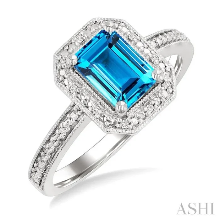 7×5 MM Octagon Shape Blue Topaz and 1/50 Ctw Single Cut Diamond Semi-precious Ring in Sterling Silver