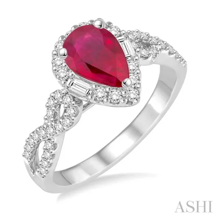 7×5 MM Pear Shape Ruby and 1/2 Ctw Diamond Precious Ring in 14K White Gold