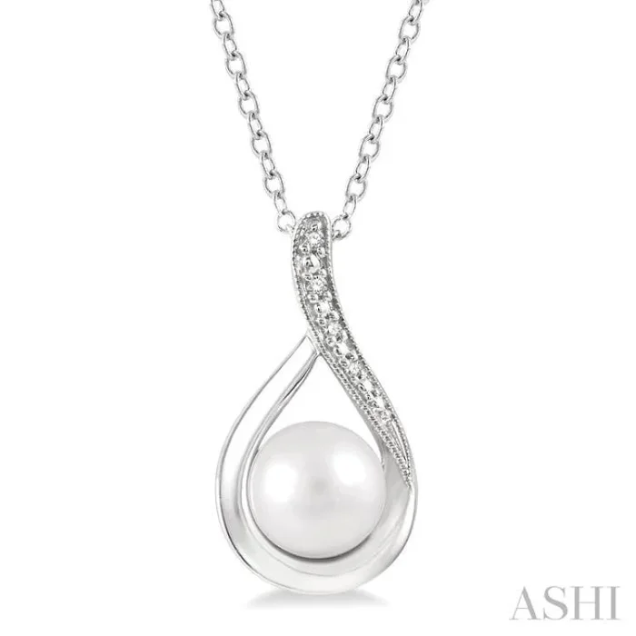 7×7 MM Drop Shape Cultured Pearl and 1/50 Ctw Round Cut Diamond Pendant With Chain in Sterling Silver