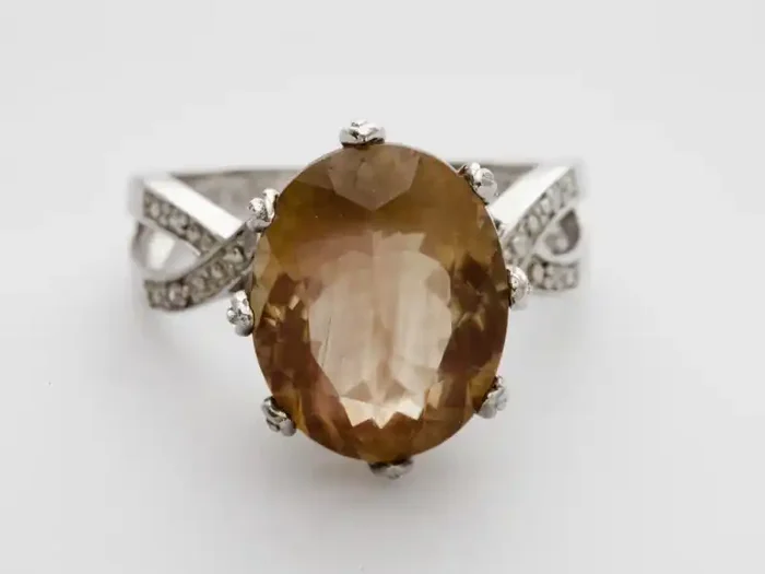 7.8ct Peach Sunstone, Sterling Silver Ring with Diamonds (S1389R)