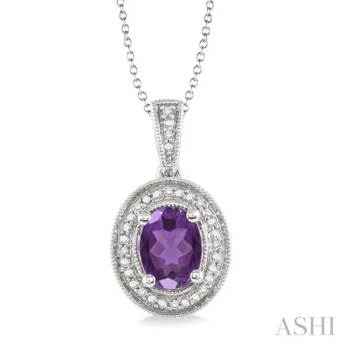 8×6 MM Oval Cut Amethyst and 1/20 Ctw Single Cut Diamond Pendant in Sterling Silver with Chain