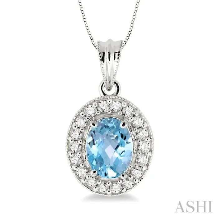 8×6 MM Oval Cut Aquamarine and 1/3 Ctw Round Cut Diamond Pendant in 14K White Gold with Chain