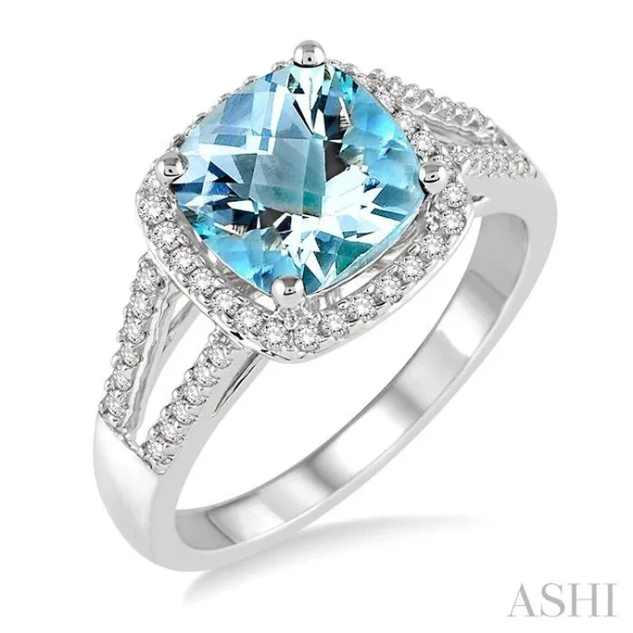 8×8 MM Cushion Shape Aquamarine and 1/4 Ctw Round cut Diamond Ring in 10K White Gold