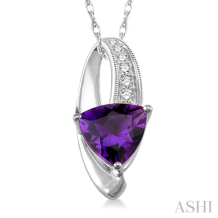 8×8 MM Trillion Cut Amethyst and 1/20 Ctw Single Cut Diamond Pendant in 10K White Gold with Chain