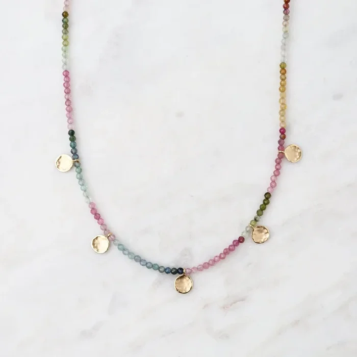 ‘Wrap’ Watermelon Tourmaline Mini Hammered Disc Necklace