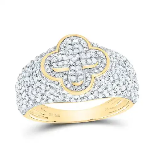 925 Silver Gold Plated Real Diamond Cluster 4 Leaf Clover Cocktail Ring 1 CT