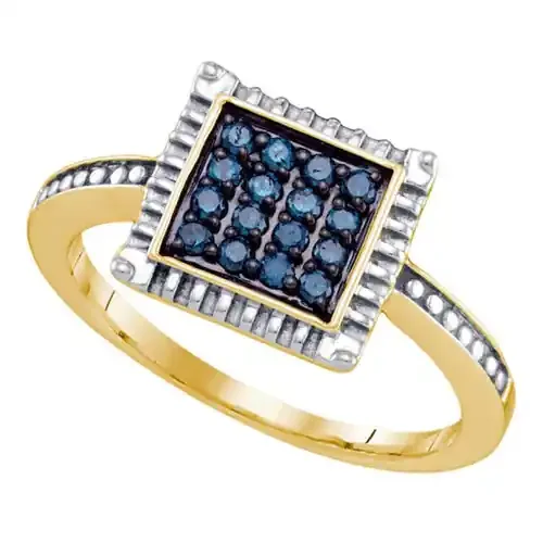 .925 Silver Yellow Gold Plated Blue Diamond Women‘s Square Cocktail Ring 1/4 CT