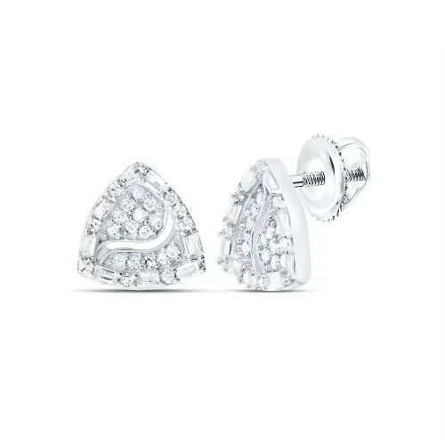 925 Sterling Silver Baguette Diamond 8mm Fancy Trillion Stud Earrings 1/4 Ct
