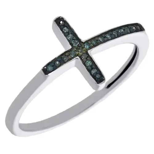 .925 Sterling Silver Blue Diamond Sideways Cross Right Hang Ring 0.05 ct.