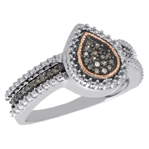 .925 Sterling Silver Brown Diamond Teardrop Halo Ladies Right Hand Ring 1/6 ct.