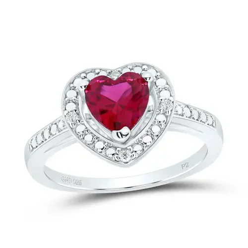 925 Sterling Silver Diamond & Created Ruby Heart Solitaire Engagement Ring 1 TCW