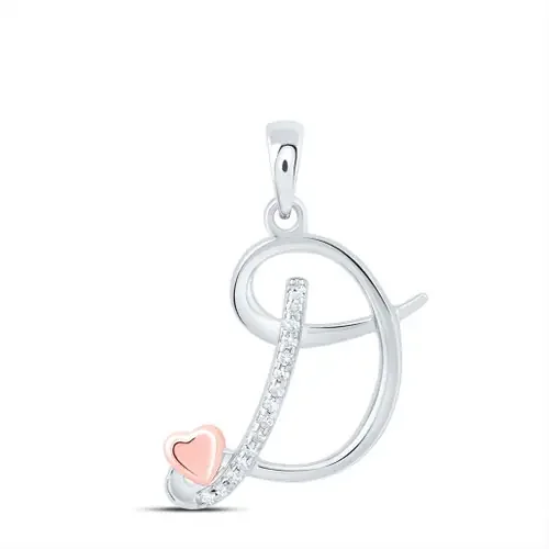 925 Sterling Silver Diamond Cursive Font w/ Pink Heart Initial D Pendant 1/20 CT