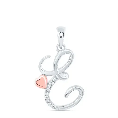 925 Sterling Silver Diamond Cursive Font w/ Pink Heart Initial E Pendant 1/20 CT