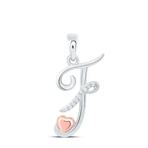 925 Sterling Silver Diamond Cursive Font w/ Pink Heart Initial F Pendant 1/20 CT