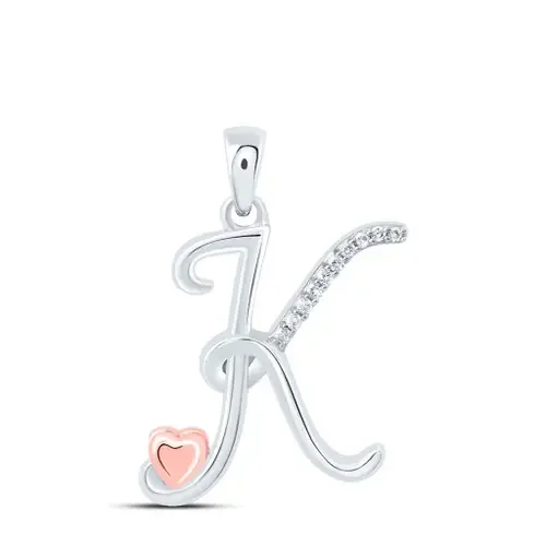 925 Sterling Silver Diamond Cursive Font w/ Pink Heart Initial K Pendant 1/20 CT