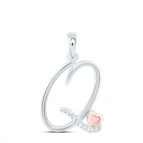 925 Sterling Silver Diamond Cursive Font w/ Pink Heart Initial Q Pendant 1/20 CT