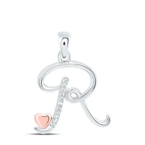 925 Sterling Silver Diamond Cursive Font w/ Pink Heart Initial R Pendant 1/20 CT