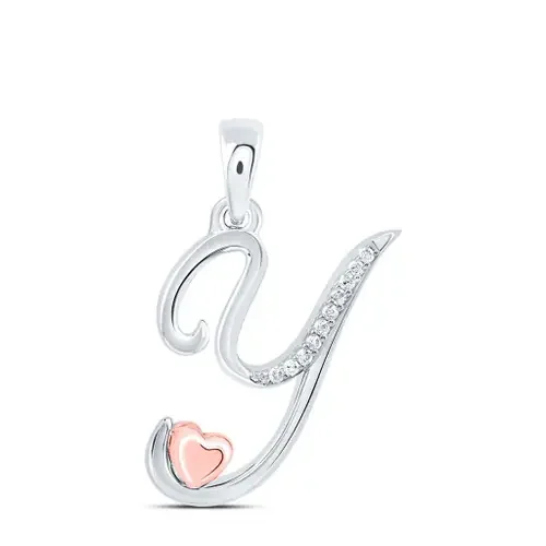 925 Sterling Silver Diamond Cursive Font w/ Pink Heart Initial Y Pendant 1/20 CT