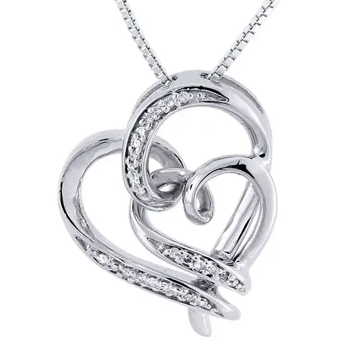 .925 Sterling Silver Diamond Double Heart Pendant & Chain Love Necklace 0.10 Ct.