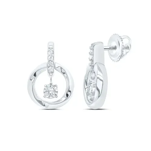 925 Sterling Silver Diamond Floating Circle Wavy Frame Dangler Earrings 1/10 CT