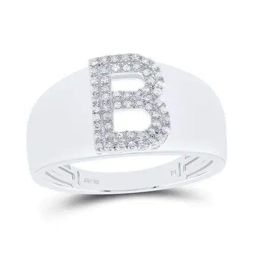 .925 Sterling Silver Diamond Women‘s Block Letter B Initial Band Ring 1/10 CT