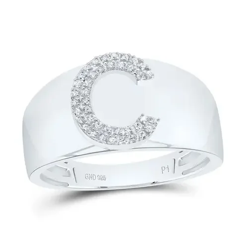 .925 Sterling Silver Diamond Women‘s Block Letter C Initial Band Ring 1/12 CT