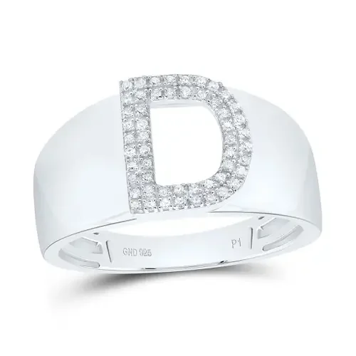 .925 Sterling Silver Diamond Women‘s Block Letter D Initial Band Ring 1/10 CT
