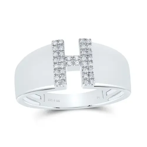 .925 Sterling Silver Diamond Women‘s Block Letter H Initial Band Ring 1/12 CT