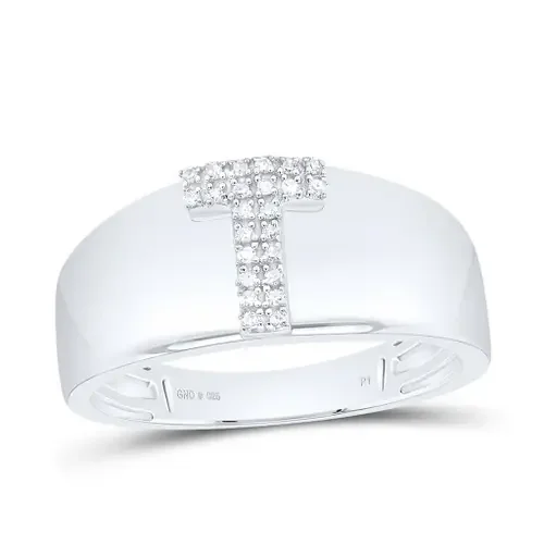 .925 Sterling Silver Diamond Women‘s Block Letter T Initial Band Ring 1/20 CT