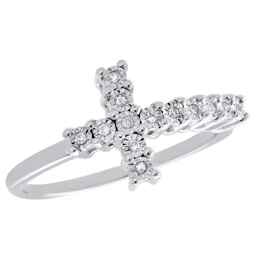 .925 Sterling Silver Fanuk Set Diamond Sideways Cross Ring Promise Band 1/20 CT.