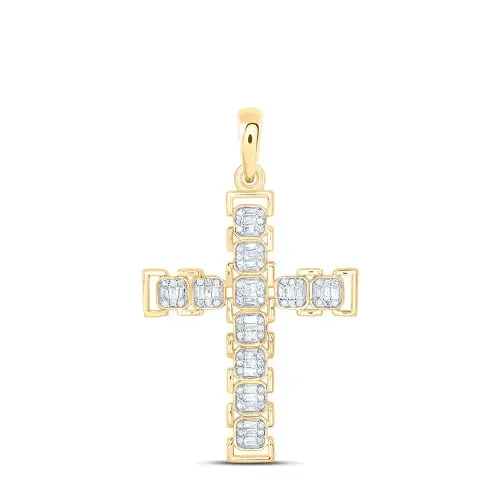 925 Sterling Silver Genuine Baguette Diamond Rectangle Link Cross Pendant 1/3 CT