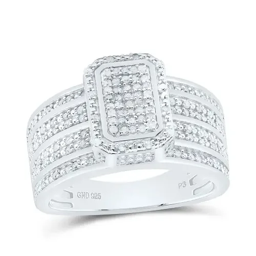 925 Sterling Silver Genuine Diamond Cluster 3D Emerald Halo Cocktail Ring 1/2 CT
