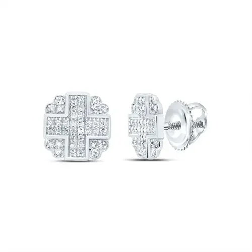 925 Sterling Silver Genuine Diamond Cross & Heart Octagon Stud Earrings 1/3 CT