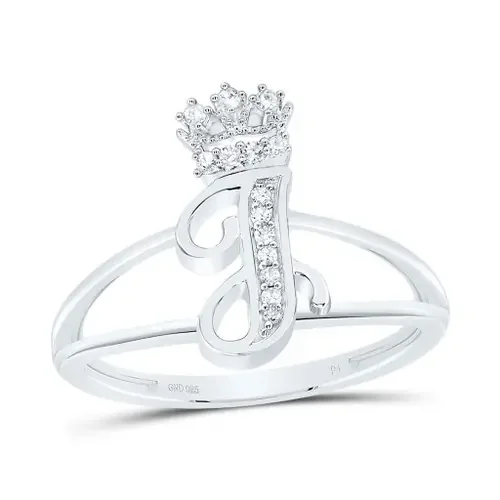 .925 Sterling Silver Genuine Diamond Script Initial J Tiara / Crown Ring 1/12 CT