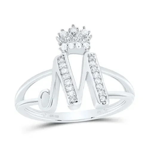 .925 Sterling Silver Genuine Diamond Script Initial M Tiara / Crown Ring 1/8 CT