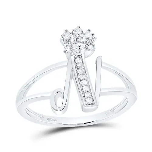 .925 Sterling Silver Genuine Diamond Script Initial N Tiara / Crown Ring 1/12 CT