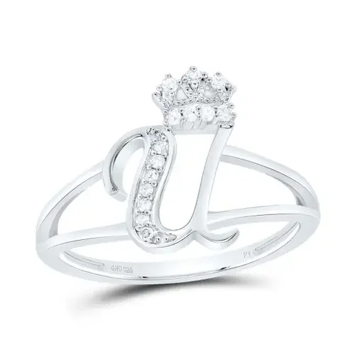 .925 Sterling Silver Genuine Diamond Script Initial U Tiara / Crown Ring 1/12 CT