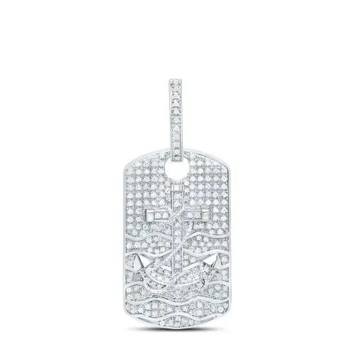 925 Sterling Silver Genuine Diamond Unisex Cross & Anchor Dog Tag Pendant 3/4 CT