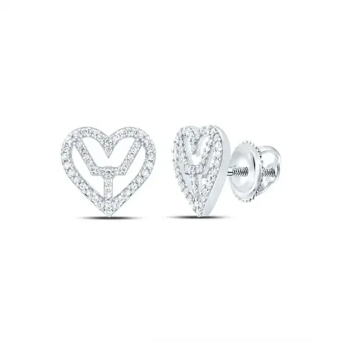 925 Sterling Silver Genuine Diamond Women‘s Bident in Heart Stud Earrings 3/8 CT