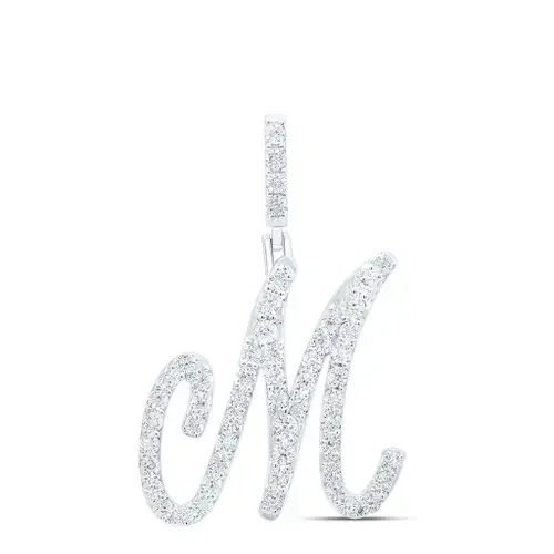 925 Sterling Silver Genuine Diamond Women‘s Script Font Initial M Pendant 1/5 CT