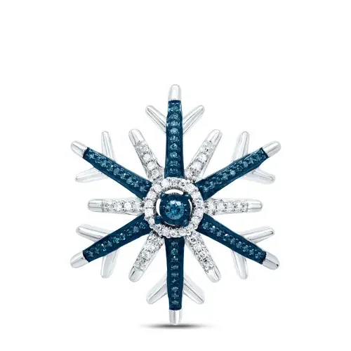 925 Sterling Silver Genuine White & Blue Diamond Womens Snowflake Pendant 1/6 CT