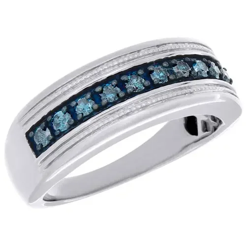 .925 Sterling Silver Mens Blue Diamond Wedding Band Round Engagement Ring .50 Ct