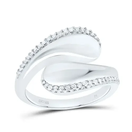 925 Sterling Silver Natural Diamond Beveled Rounded Bypass Cocktail Ring 1/6 CT