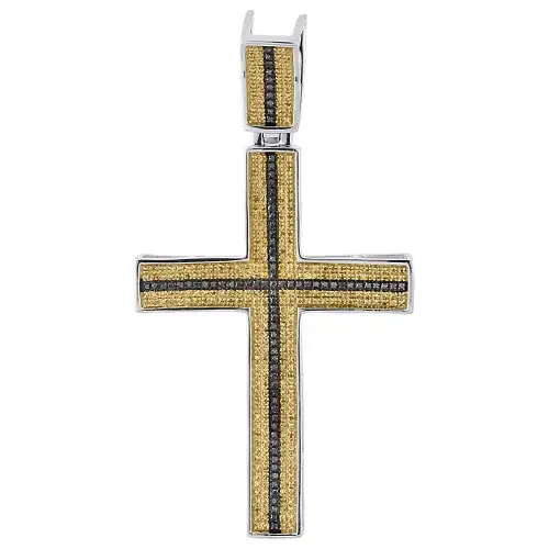 925 Sterling Silver Yellow & Black Diamond Men‘s Cross Jesus Charm Pendant 1 Ct.