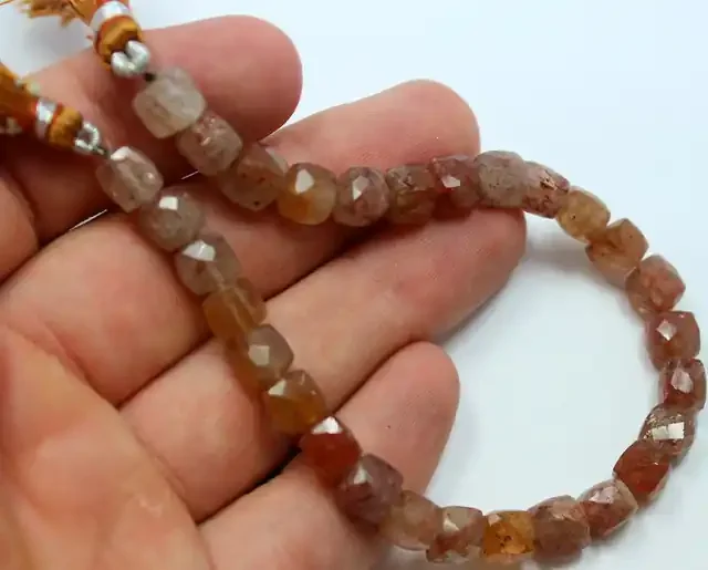 96 CTS SUNSTONE BEAD STRAND NATURAL CUBE CUT 8 INCH
