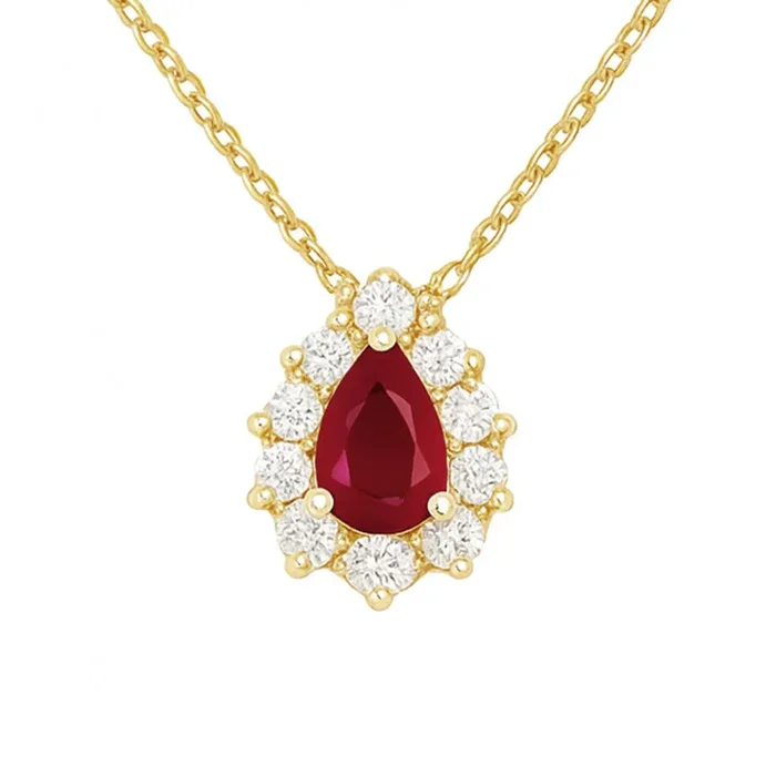 .98ct G SI 14kt Yellow Gold Diamond & Pear Shaped Ruby Pendant Necklace 18″ Long