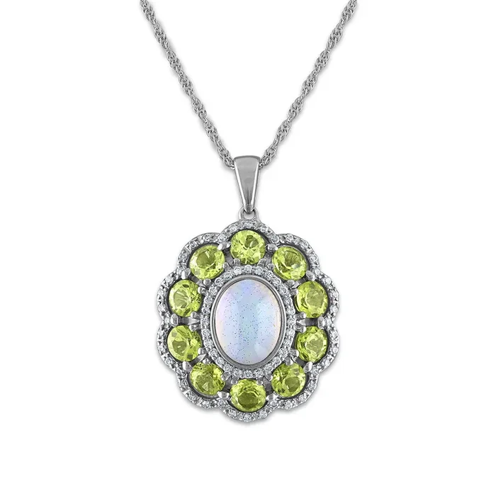 9X7MM Oval Opal and Peridot Halo 18-inch Pendant in Sterling Silver