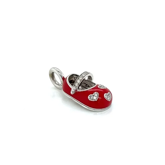 Aaron Basha Diamond Red Enamel 18k White Baby Shoe Charm Pendant